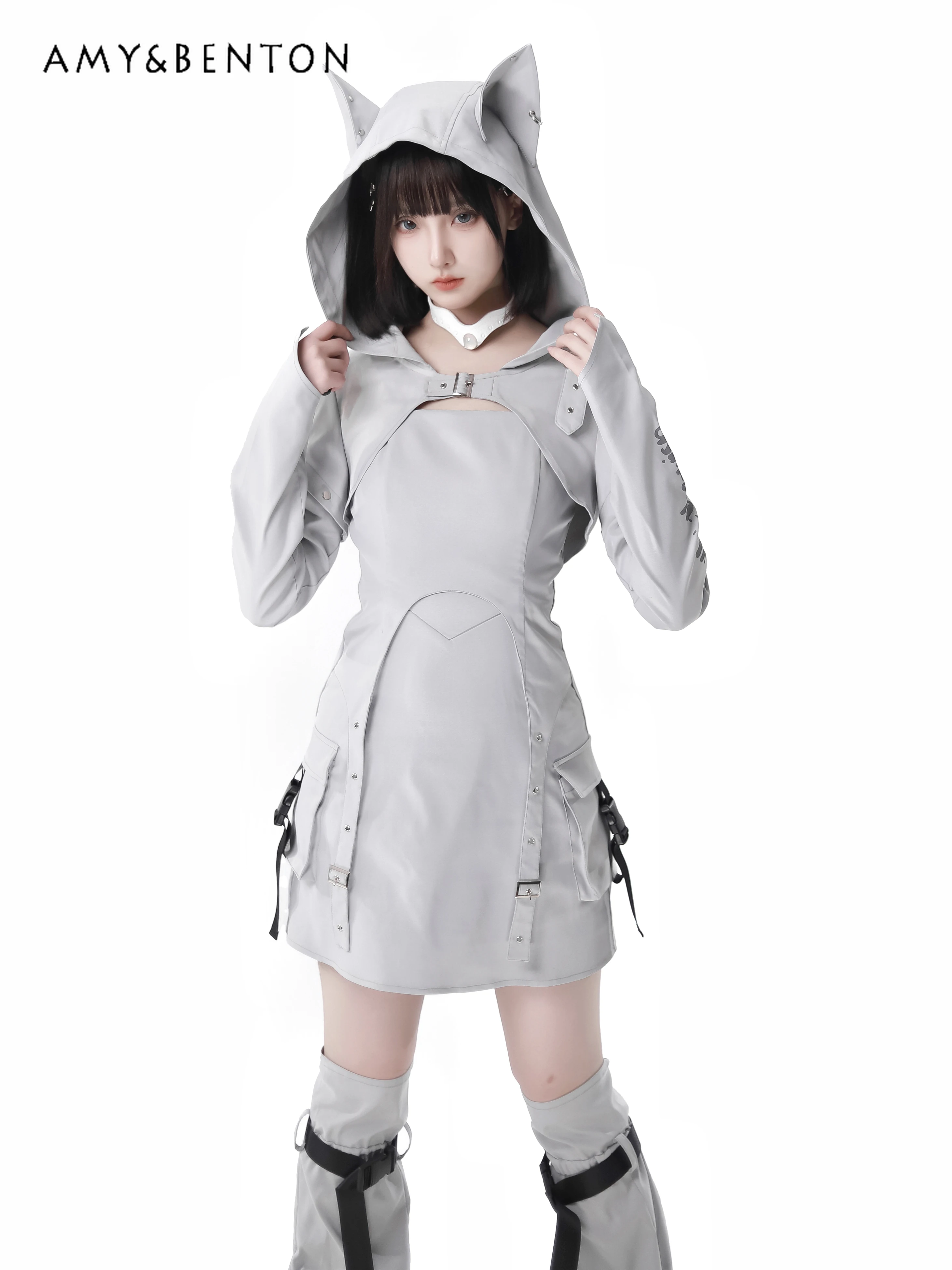 Original Street Hot Girl Sweet Removable Sleeve Hooded Jacket Sleeveless A-line Dress Subculture Two-Piece Sets Womens Outfits 3