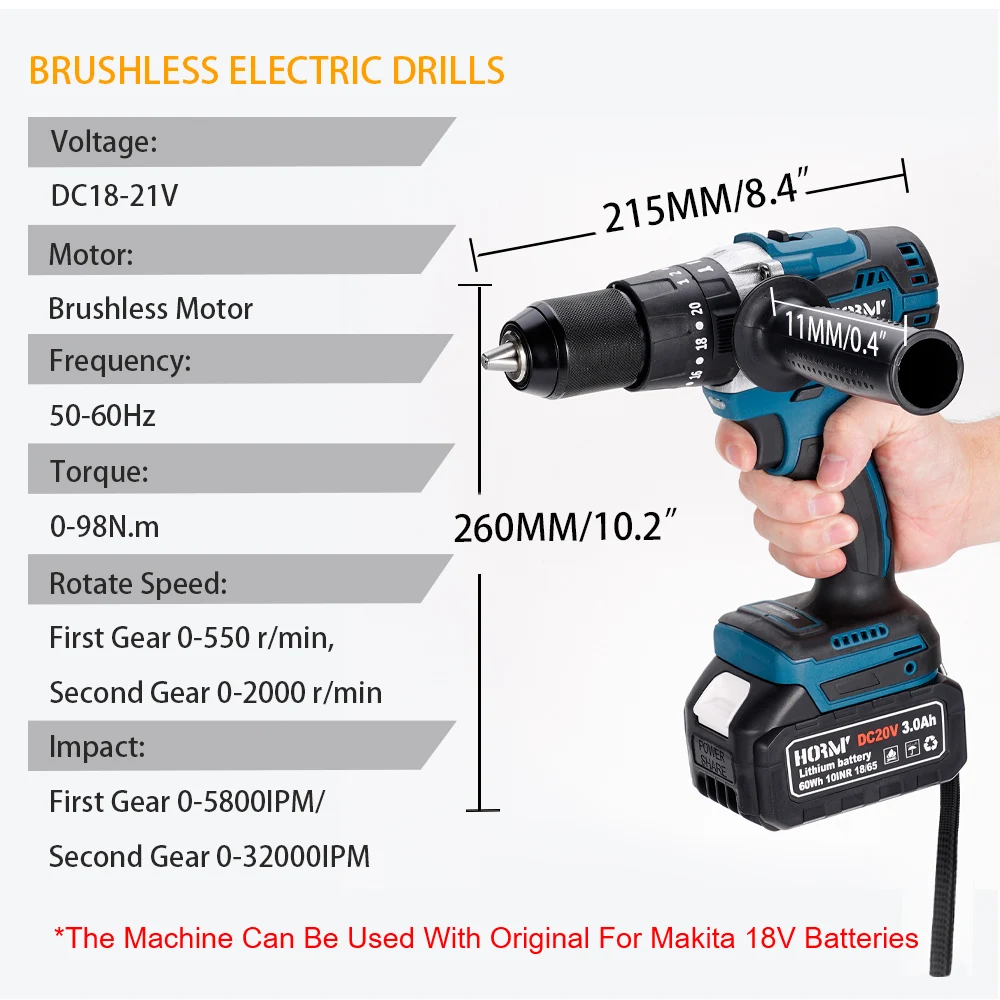 20V Brushless Electric Impact Drill 98N. m 3 in 1 Electric Screwdriver with Handle Electric Hammer Power Tool For Makita Battery