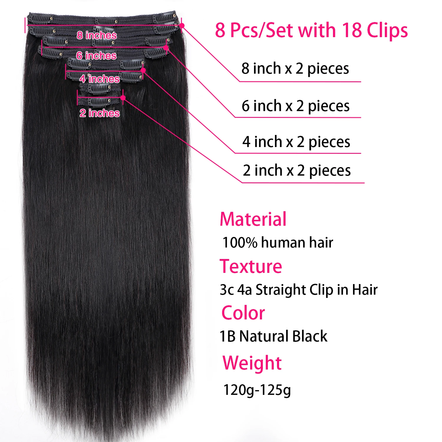 Straight Human Hair Clip Ins Hair Extensions For Full Head 8 Pcs 100% Human Hair Extensions For Natural Looking 28 30 32 Inch