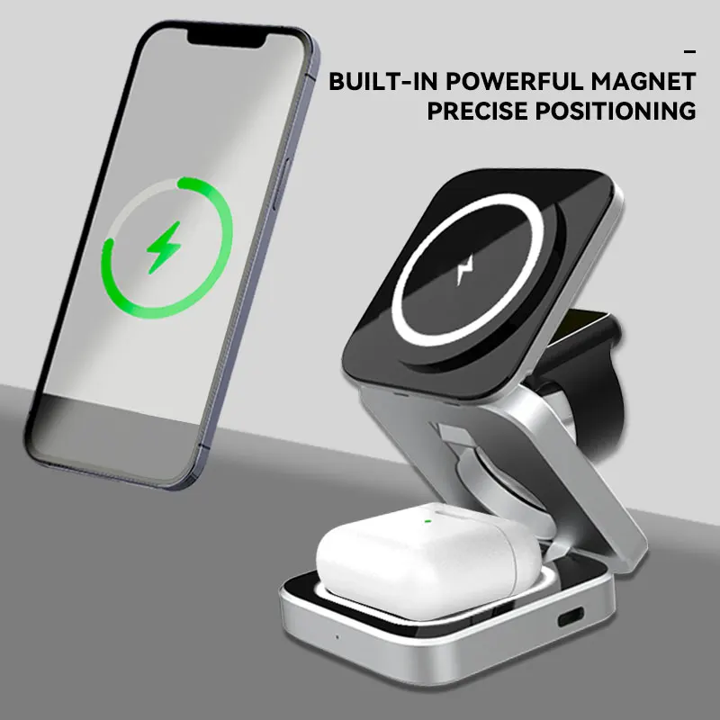 Magnetic Foldable 3-in-1 Wireless Charging Station - Portable Travel Charger for Phone, Earbuds, and Smartwatch