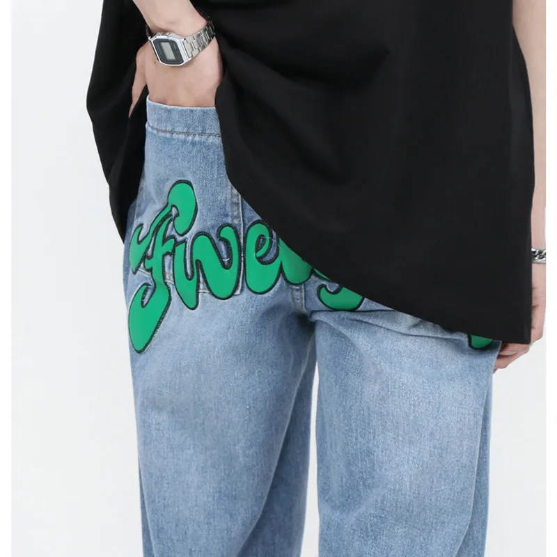 2022 New Fashion Letter Star Embroidery Baggy Men Hip Hop Jeans Pants Ripped Hole Straight Vintage Denim Trousers Pantalon Homme