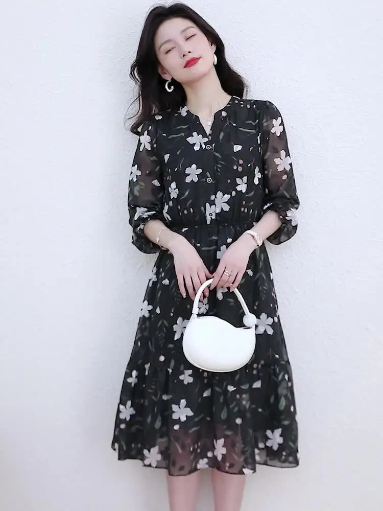 

Chiffon print fashion fashion slim-fit elastic waist plus size women fat mm fat sister long sleeve dress spring autumn