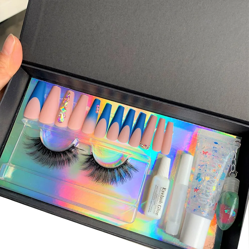 Press On Nail And Lashes Set Box Package Nails Patches Lipgloss Set Volume 3D Faux Mink Eyelashes Kit