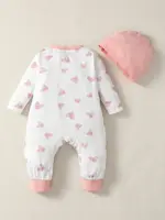 0-2 Year Old Newborn Baby Gilr Spring and Autumn Round Neck Bow Long Sleeve Love Printed Pants jumpsuit 2