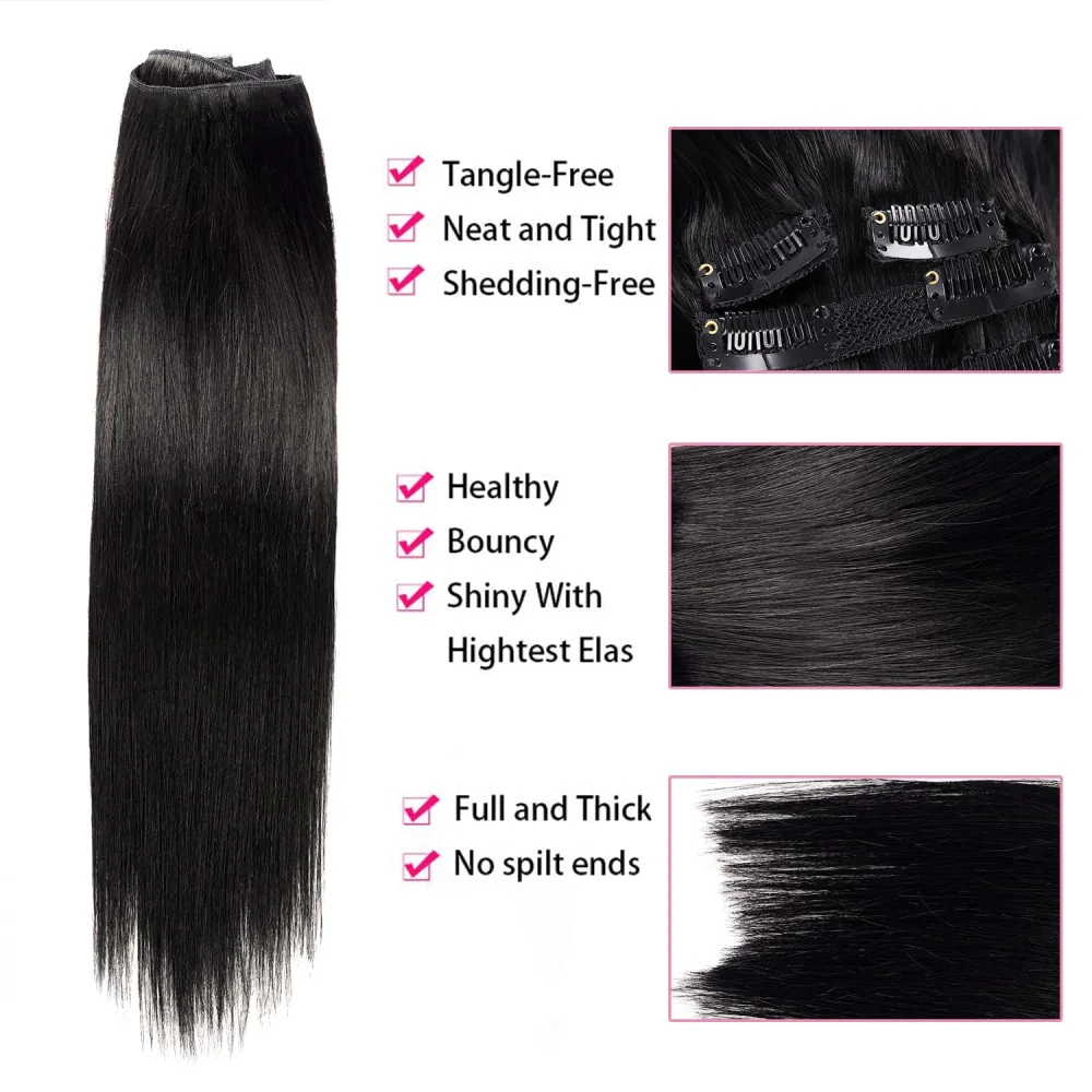 Clip In Hair Extension Human Hair Long Straight 8Pcs/Set 120G Natural Black Seamless Invisible Brazilian Virgin Full Head