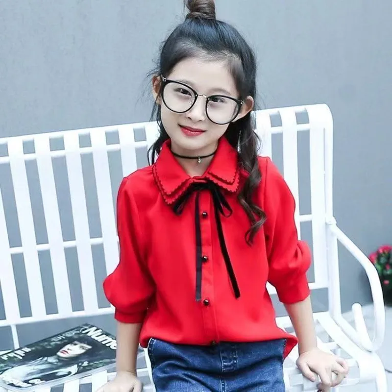 Children Blouses For Girls Chiffon Shirts Baby Tops Teenage Girls Long Sleeve School Uniform Shirts 9 12 14 Years Kids Blouses