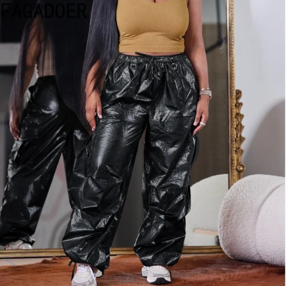 

FAGADOER Fashion Street Style Women High Waisted Drawstring Pocket Ruched Cargo Pants Casual Female Solid Color Sporty Trousers