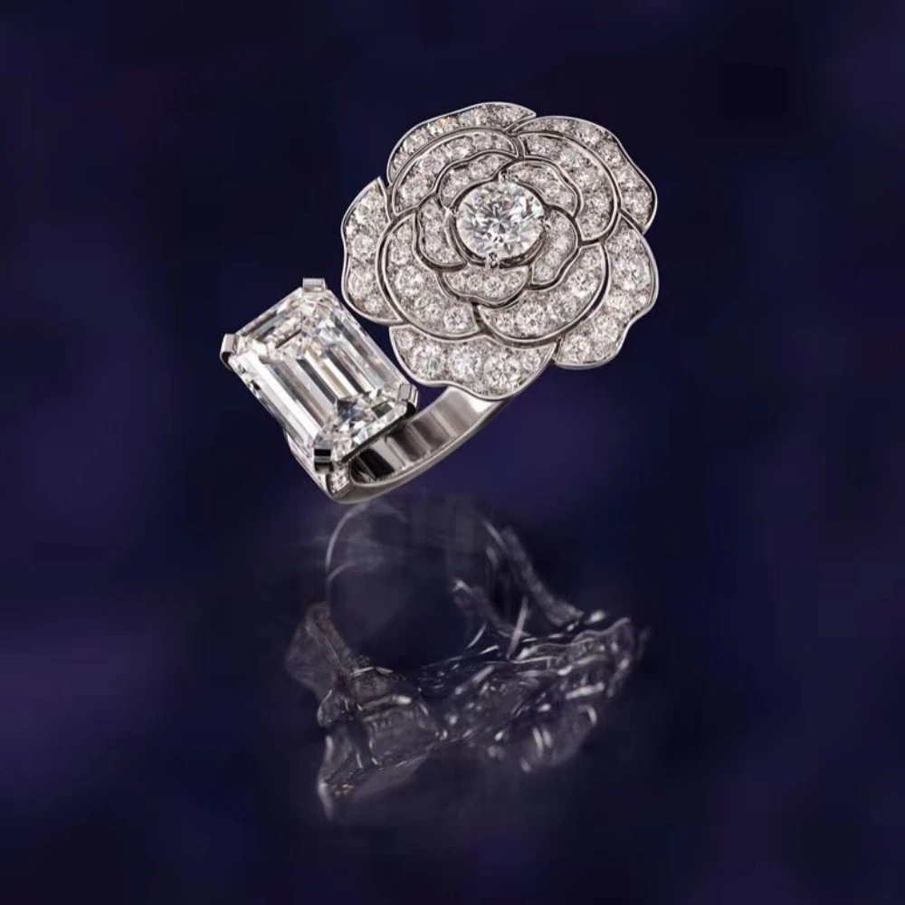 

Camellia Square Zircon Open Ring Sparkling Exquisite Delicate High-Quality Gifts For Valentine'S Day