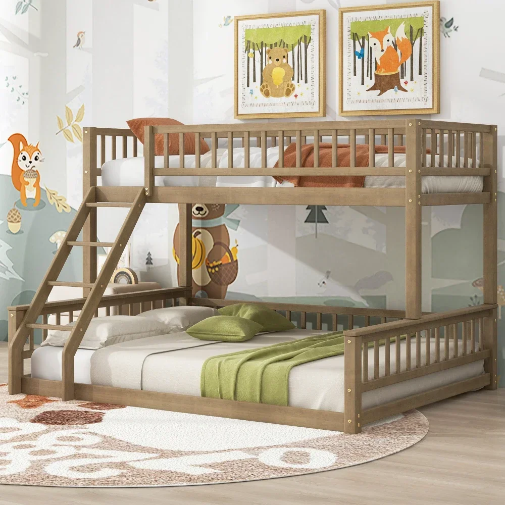 Children Beds Twin XL Over Queen Bunk Bed with Ladder and Guardrails, Walnut Kids Furniture Bed for Boys Bunk Beds Bed for Girls 6