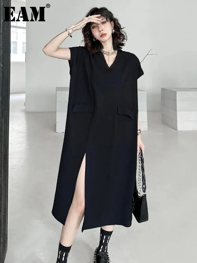 

[EAM] Women Black Brief Thin Hem Slit Casual Big Sie Midi Dress New V-Neck Sleeveless Fashion Tide Spring Summer 2024 1DH5029