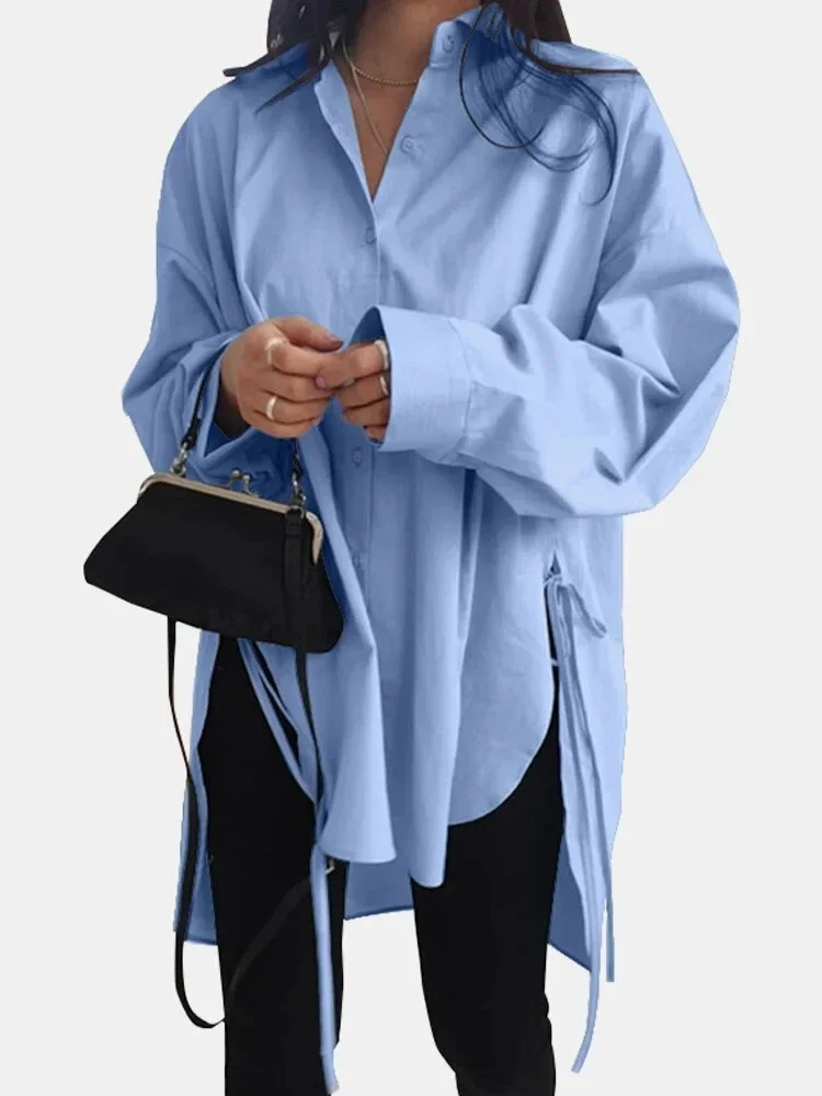Description Picture 3 of itemStylish Long Sleeve Shirt for Women 2025 Spring Irregular Hem Design Blouse Casual Loose Lace-up Lapel Tops Office Ladies Shirts