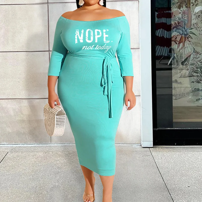 Elegant One Word Collar Letter Printing Three Quarter Sleeve Bandage Bag Hip Midi Dresses Fashion Plus Size Spring Summer Women