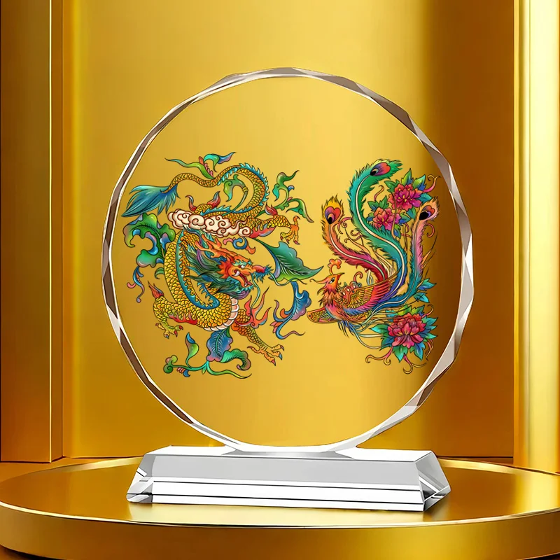 Dragon Chengxiang Crystal Painting Decoration Golden Dragon Pattern Home Living Room Wine Cabinet TV Cabinet Gift Decoration 1Pc