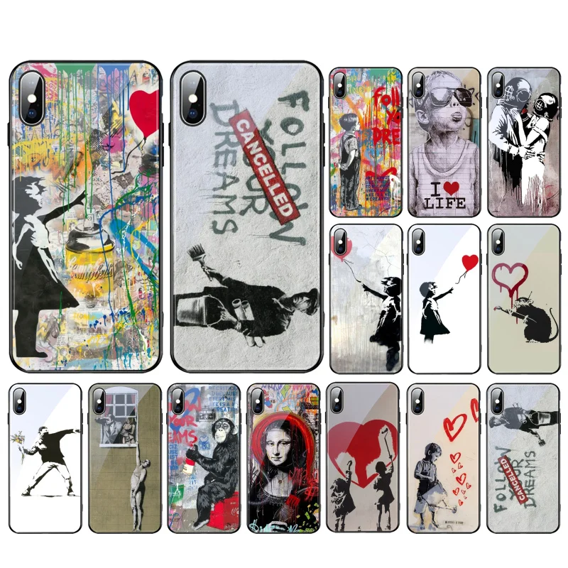 

Banksy Graffiti Art Glass phone case For iPhone 15 14 13 Pro Max 12 11 Pro Max XS SE2 Mobile Phone Case Funda