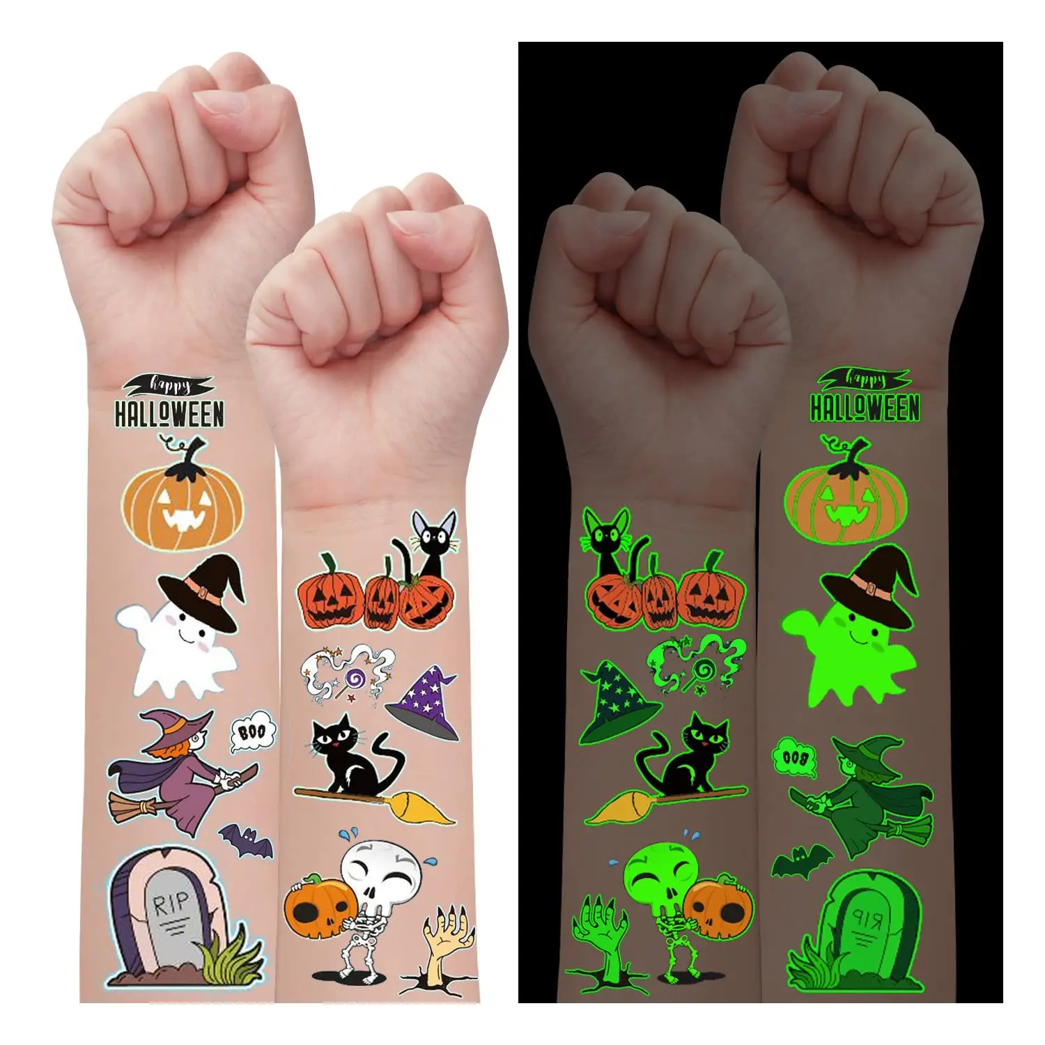 

12 Sheets Luminous Halloween Temporary Tattoos for Kids Glow Halloween Decorations Birthday Party Favors Supplies Fake Tattoos