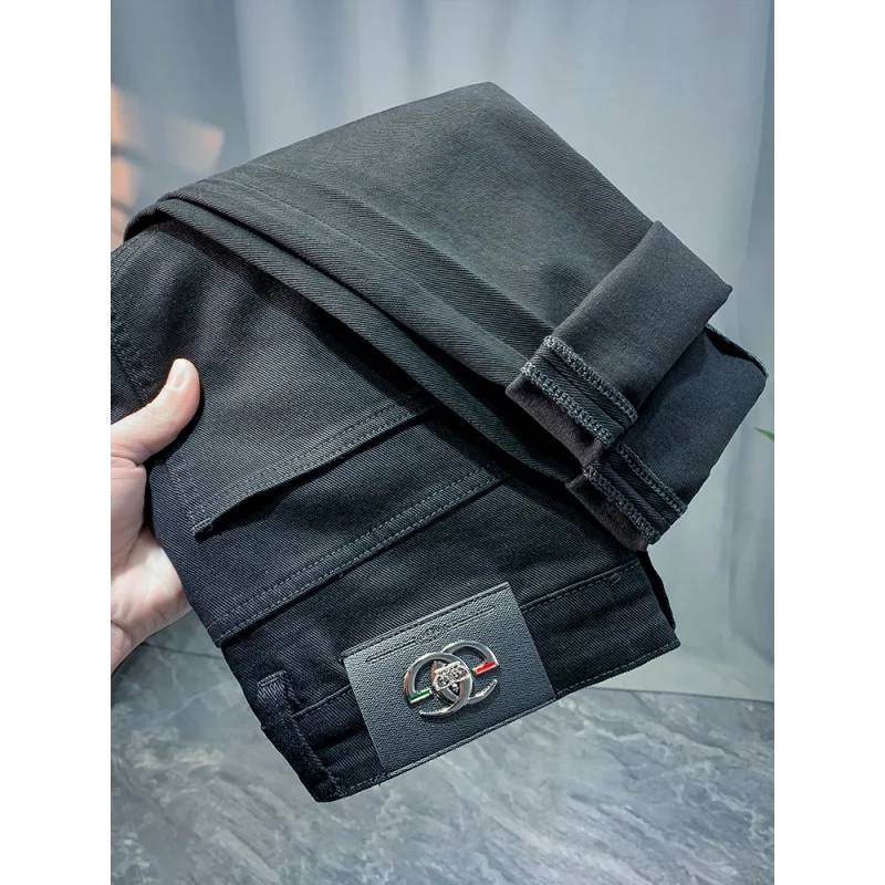 2024Spring and Summer New Pure Black Jeans Men's High-End Simple All-Match Casual Light Luxury Trendy Slim Fit Skinny Pants