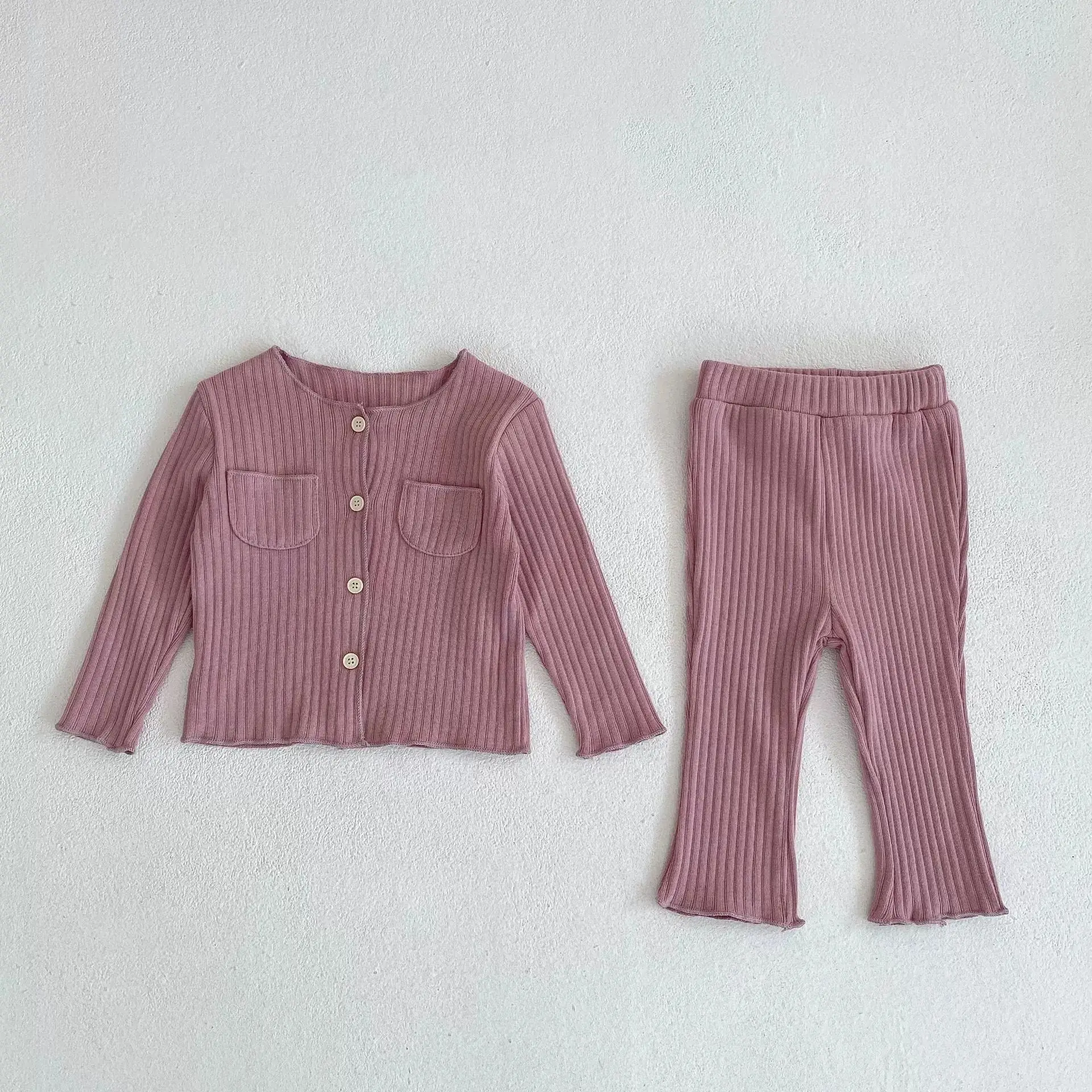 2025 Autumn New Baby Girl Long Sleeve Clothes Set Solid Ribbed Cardigan + Leggings 2pcs Suit Cotton Infant Home Wear Outfits 4