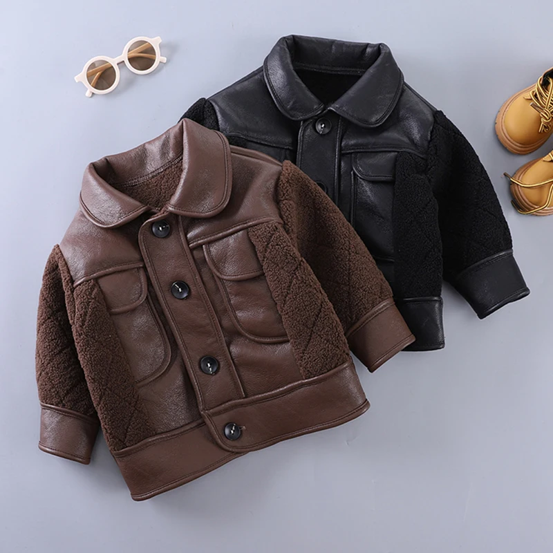 Winter Kids Boys Thicken Jackets For Boys Coats PU Maillard Plush Splicing Jackets Toddler Children Outerwear Baby SnowCoat