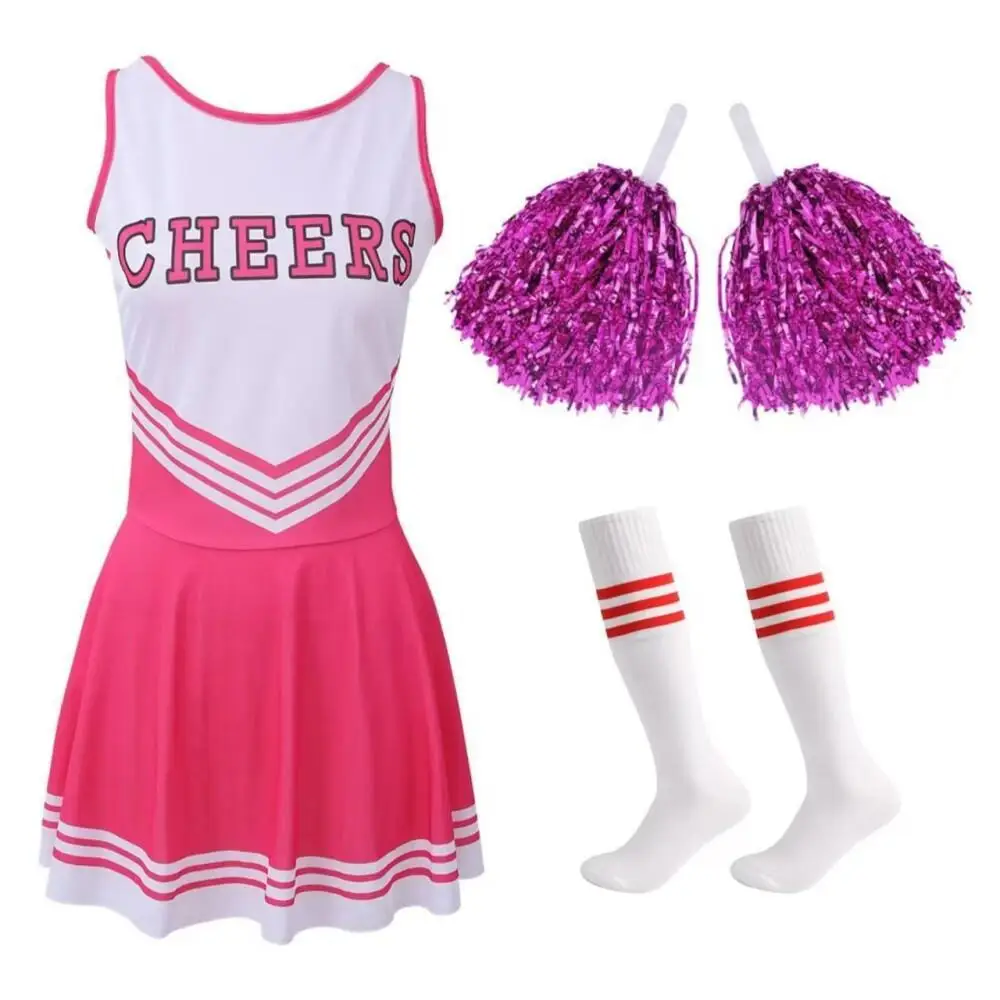 Football Cheerleading Costume for Girl Pink Black One Piece Dress With Socks and Hand Flowers Cheer Dance Stage Performance