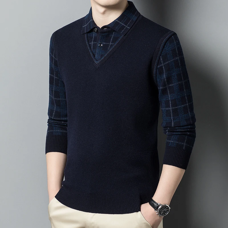 

Autumn and winter men's fake two high-grade pure wool knitted thick plaid shirt collar Korean casual men's sweater