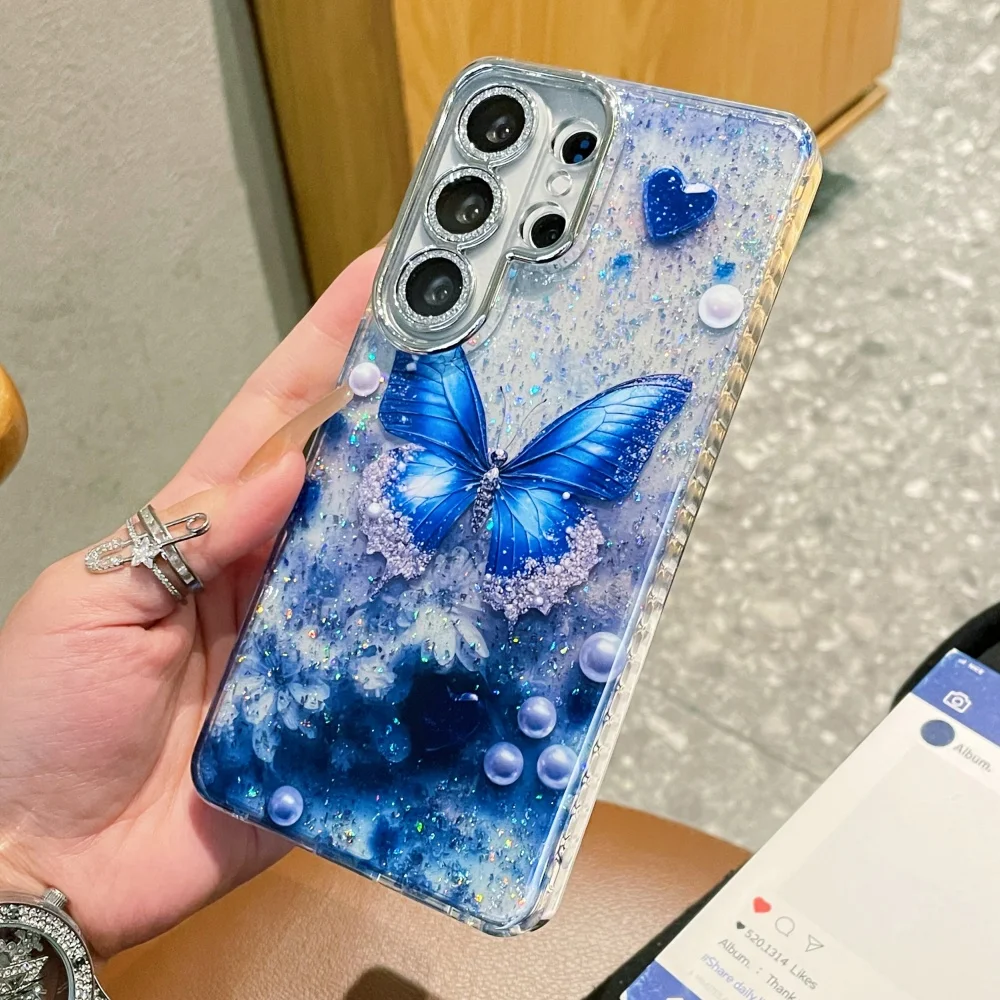 Luxurious Sparkling Diamond Butterfly Pearl Pattern Bling Glitter Silicone Case