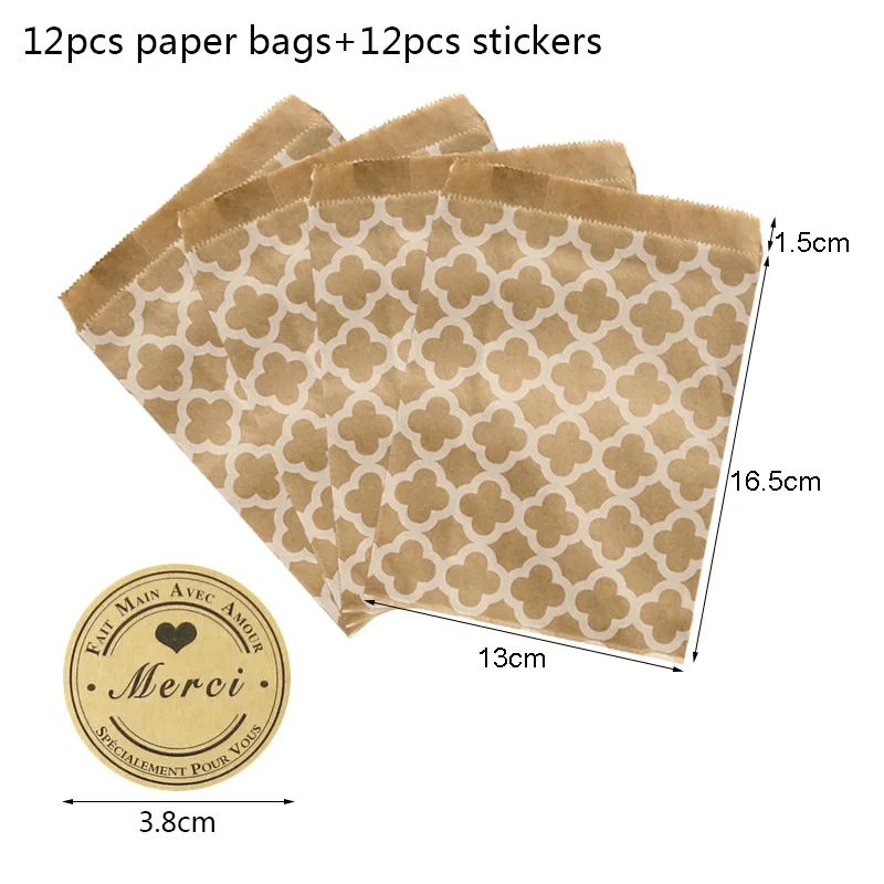 12 Bolsas De Papel Kraft Con Pegatinas, Bolsas De Regalo Con Texto En Inglés "Thank You Merci Para Galletas Para Bodas Cumpleanos Fiestas Suministros De Embalaje
