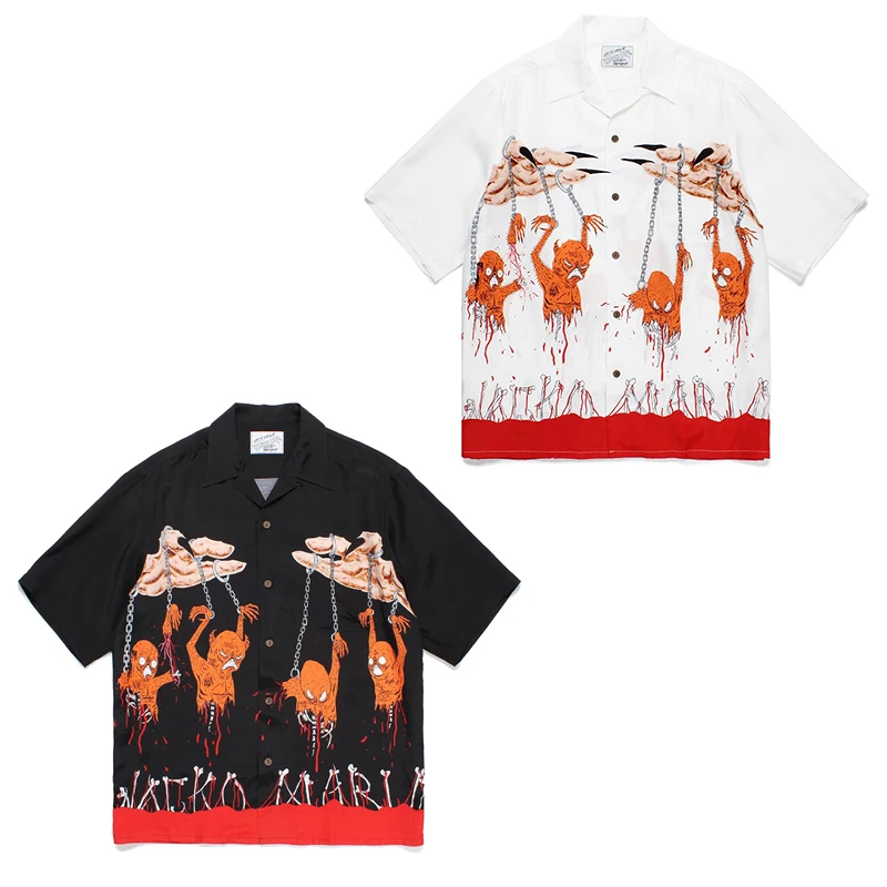2024 Summer Tops WACKO MARIA Print Shirts Men Women Streetwear Hawaii Beach Single Row Buckle Japan Style Shirt