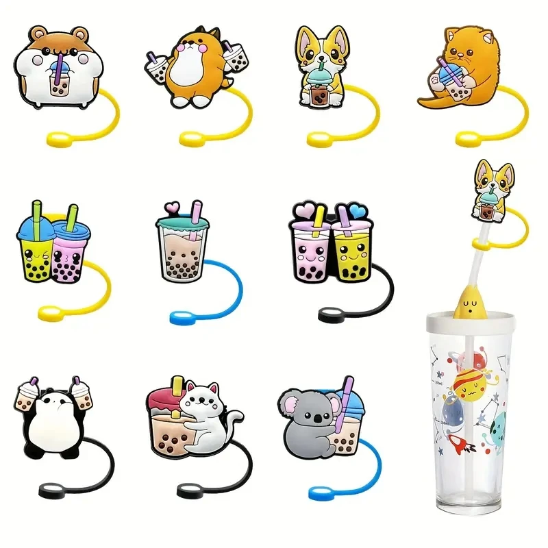 5pcs/set Cute Cartoon Cup Straw Head Cover + 10mm Heart Shaped