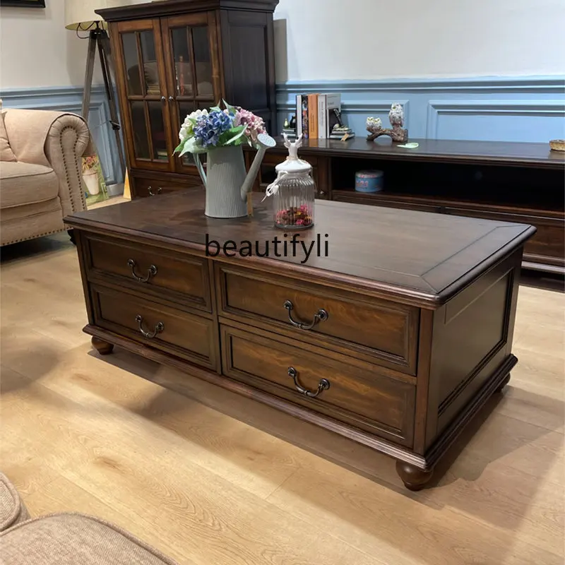 

American Country All Solid Wood Vintage Full Drawer Coffee Table Living Room Furniture Double-Sided Four Drawers