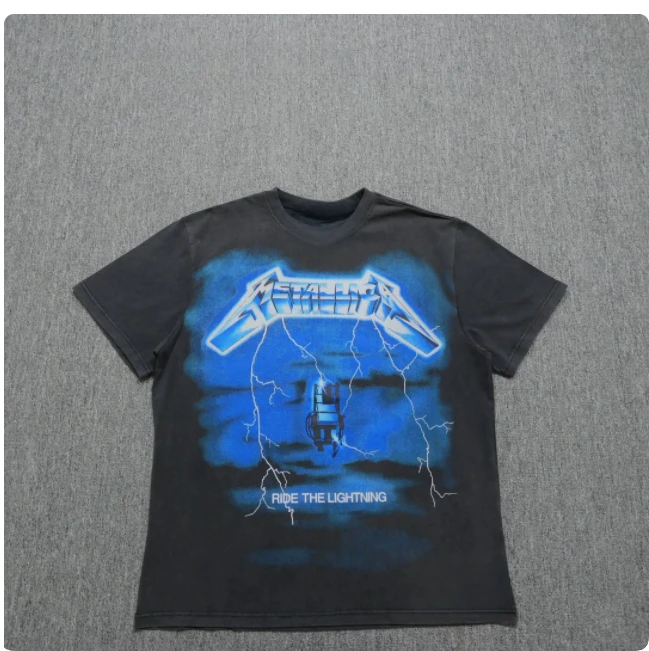 Represents Short-sleeved T-shirt Joint Metallica Print Men's and Women's Same American High Street Crew Neck Loose Retro Top 3