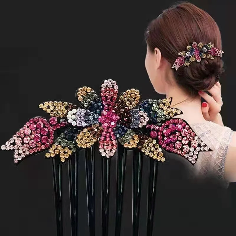 KoreanRhinestonesFlowerHairClipsWomenLuxuryShinyHairClips