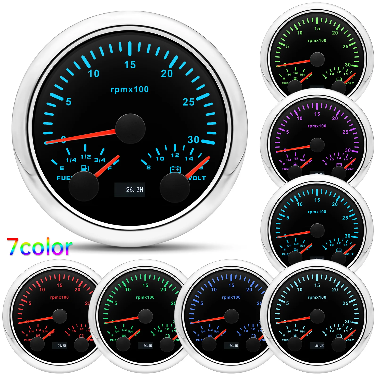 85mm 3 in 1 Gauge 7 Color Backlight Tachometer+Fuel Level Meter+Voltmeter For 12V 24V Car Marine Boat Tacho 3000/6000/8000RPM tachometer gauge engine tachometer tachometer meter fuel level gauge