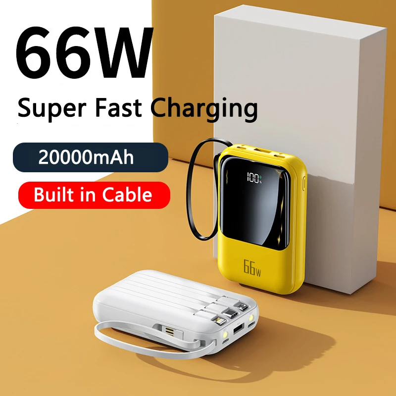 Power Bank 20000Mah 65W Ricarica Rapida Batteria Esterna Posteriore Per Huawei Xiaomi Iphone 14 Redmi 9 Mini Powerbank Cavi Integrati