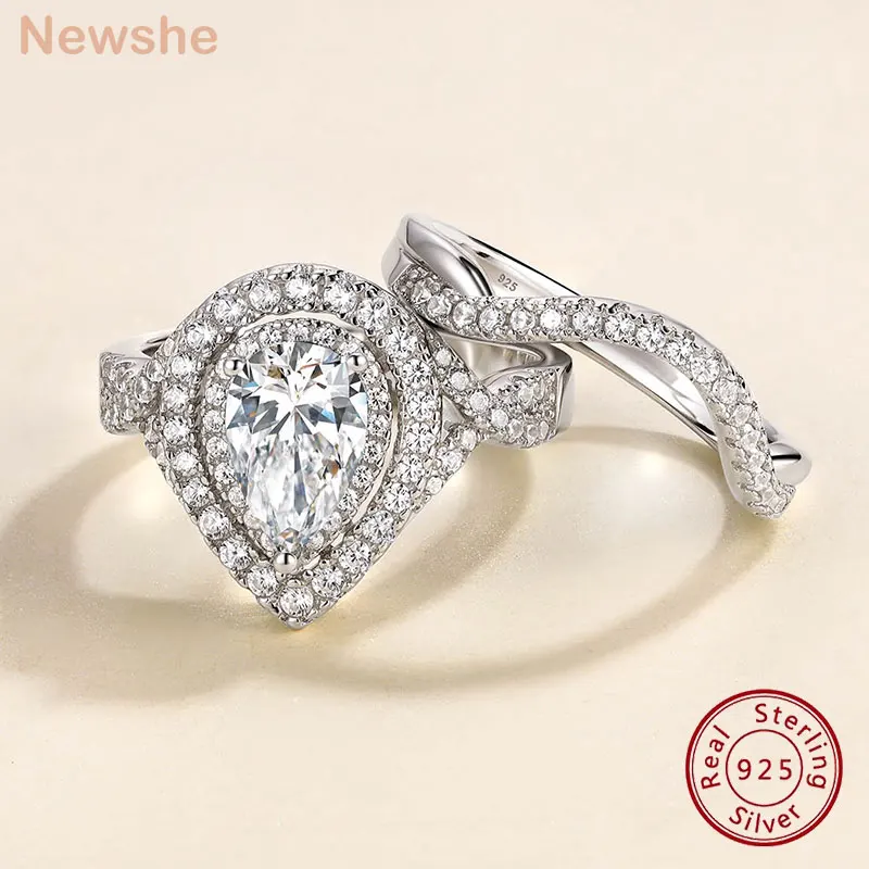 

Newshe 2Pcs Wedding Rings Set for Women 925 Sterling Silver 1.5Ct Pear Shaped Cubic Zircon Engagement Ring Fine Jewelry BR1512