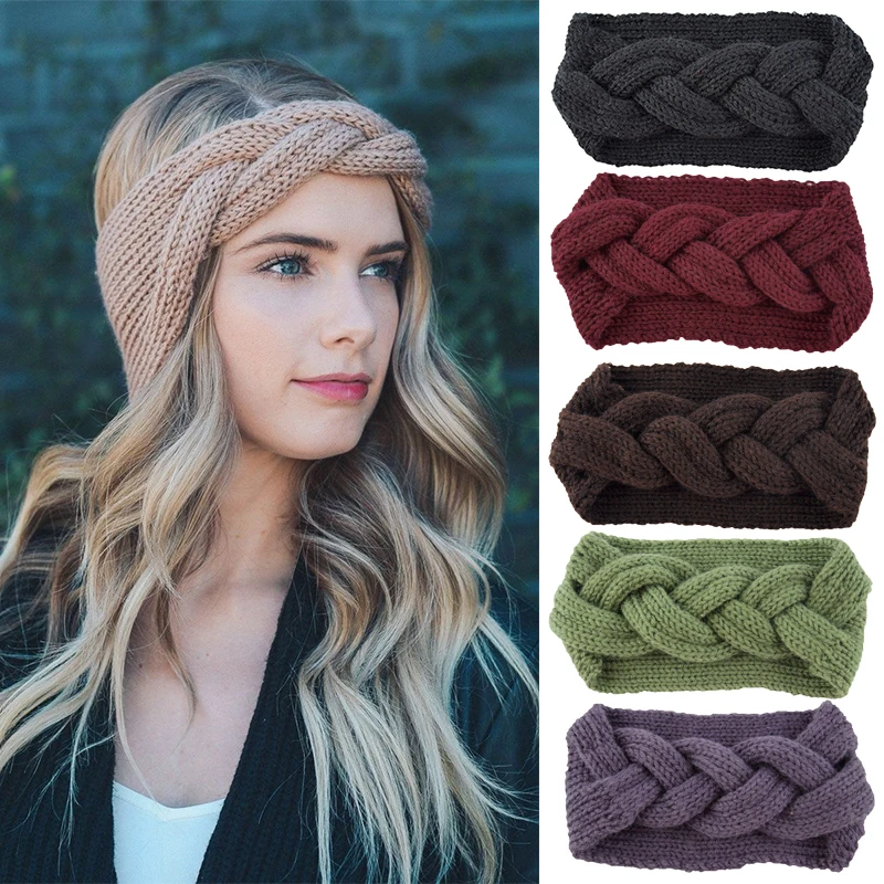 Autumn Winter Knitted woolen Headband for Women Braided Hairbands wide Crochet Headwrap Turban Keep Ear Warmer Hair Accessories