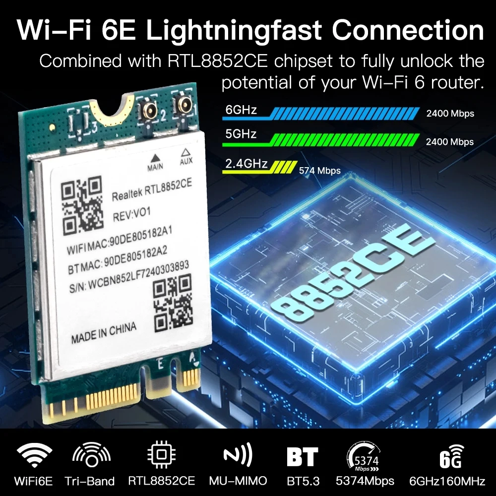 RTL8852CE 트리플 밴드 WiFi 6E 블루투스 5.3 어댑터 무선 신호 수신 카드 NGFF M.2 for Windows 10/11