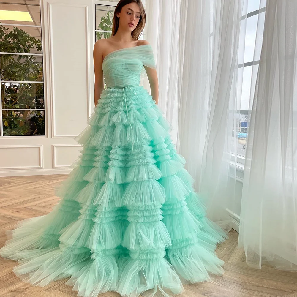 

BOHO A-Line Prom Gown One-Shoulder Pleat Tiered Long Tulle Evening Dresses Sweep Train Backless Party Dress فساتين مناسبة رسمية