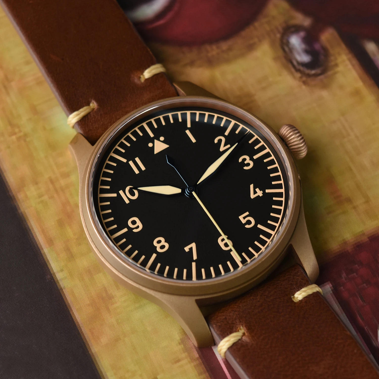 HruodlandRetroSolidBronzePilotMensWatchesSapphireGlassPT5000