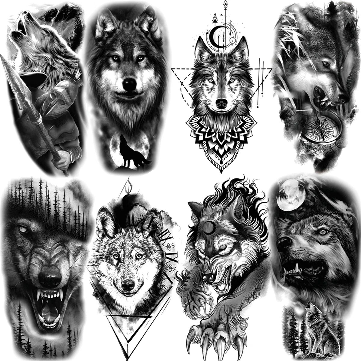 BlackGeometricWolfMoonTemporaryTattoosForWomenAdultMenWarrior