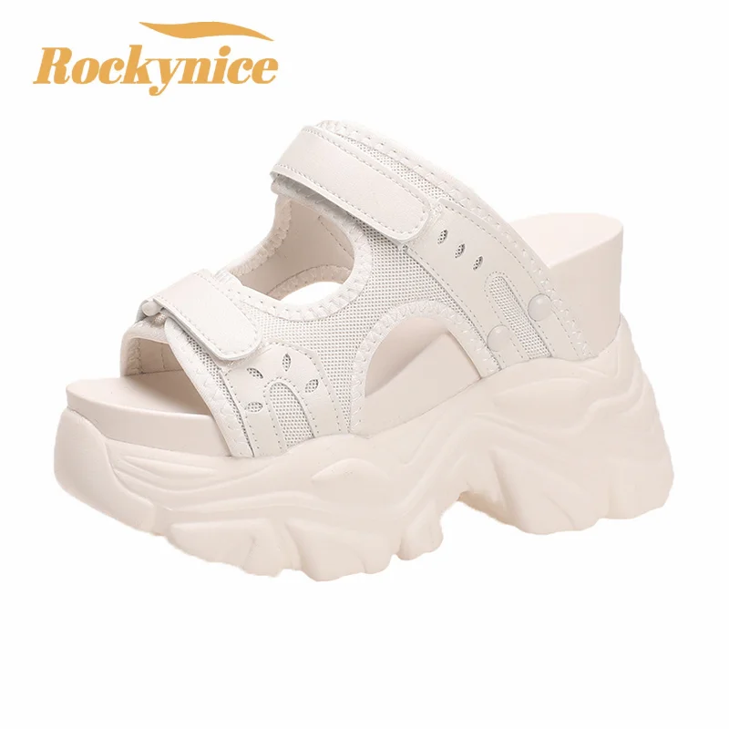 New Summer Platform Mesh Slippers Women's Hook Loop Sandals 2023 New 11CM Wedges High Heels Open Toe Breathable Beach Flip Flops