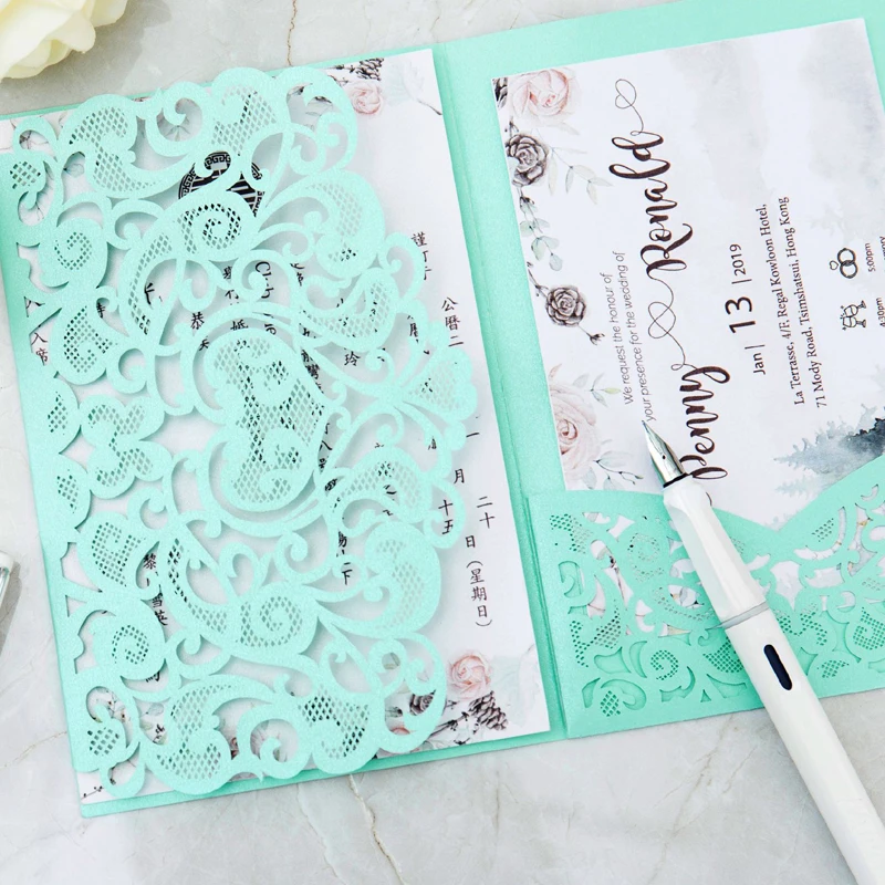 10 pieces Laser Cut Love Heart Wedding Invitation with Thank You Card Personalized Tri-fold Pocket Birthday XV Invitations IC136