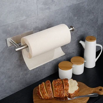 Wall-mounted Toilet Paper Towel Holder Self Adhesive Cabinet Organizer Rack Kitchen Storage Hook Stainless Steel Wall Shelf 2