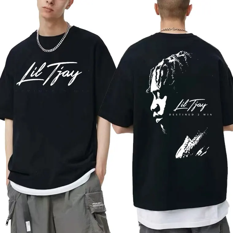 

Rapper Lil Tjay Destined 2 Win Double Sided Print T-shirt Men's Black Cotton Tshirt Men Women Fashion Oversized Hip Hop T Shirts