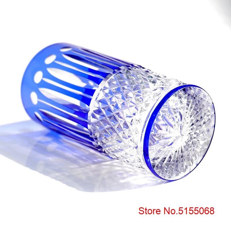 French Design Top Luxury Highball Whisky Glass Diamond Carving Royal Blue Crystal Wine Cup Whiskey Glass Water Drinking Tumbler