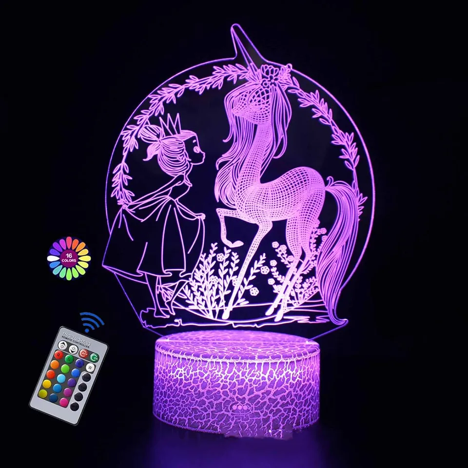 Lampe De Table 3D Colorée Veilleuse 3D Licorne Télécommande Tactile Veilleuse 3D Crack Touch