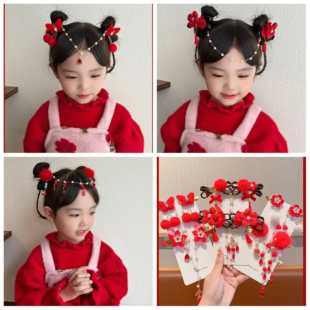 

Forehead Chain Children Red Hairpin Plush Tassel Hanfu Hair Sticks Ancient Headwear Bowknot Chinese New Year Headwear Girls