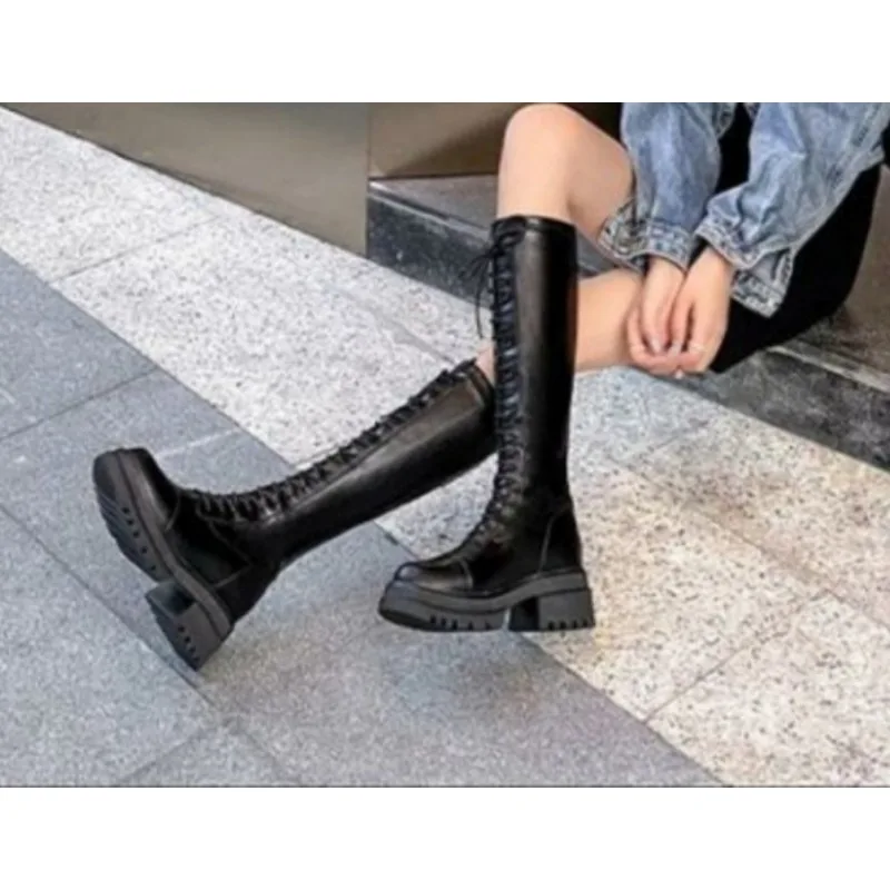 2024 Fashion Winter Motorcycle Boots Shoes AdultFashion Punk Women Mid Boot Leather Side Zipper Shoes Woman High Heels