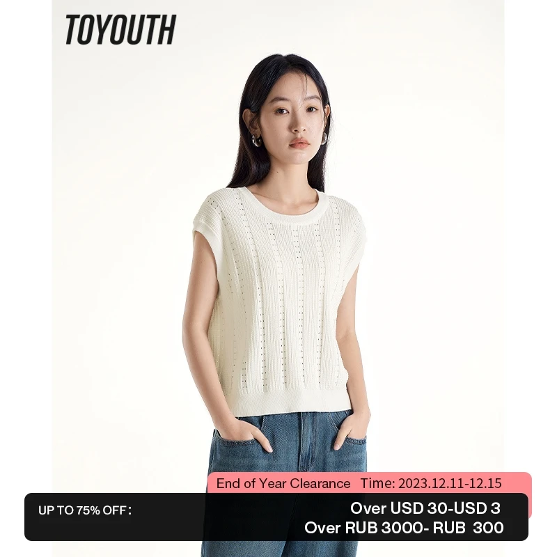 

Toyouth Women Knitted Vest 2023 Summer Sleeveless Round Neck Stretch Loose T-shirt Cool Fabric Hollow Out Casual Chic Tops