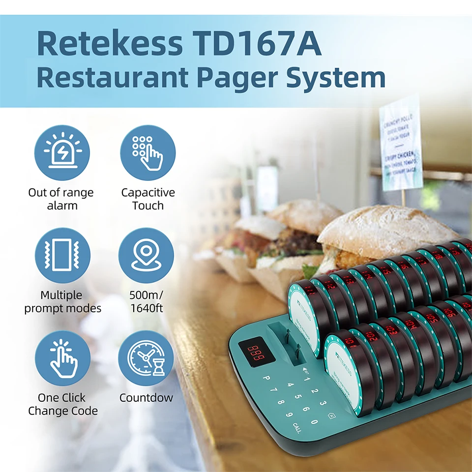 Retekess TD167A Restaurant Pager Wireless Calling System Vibrator Coaster Buzzer Call Bell For Food Truck Coffee Bar Hotel Club wireless calling system