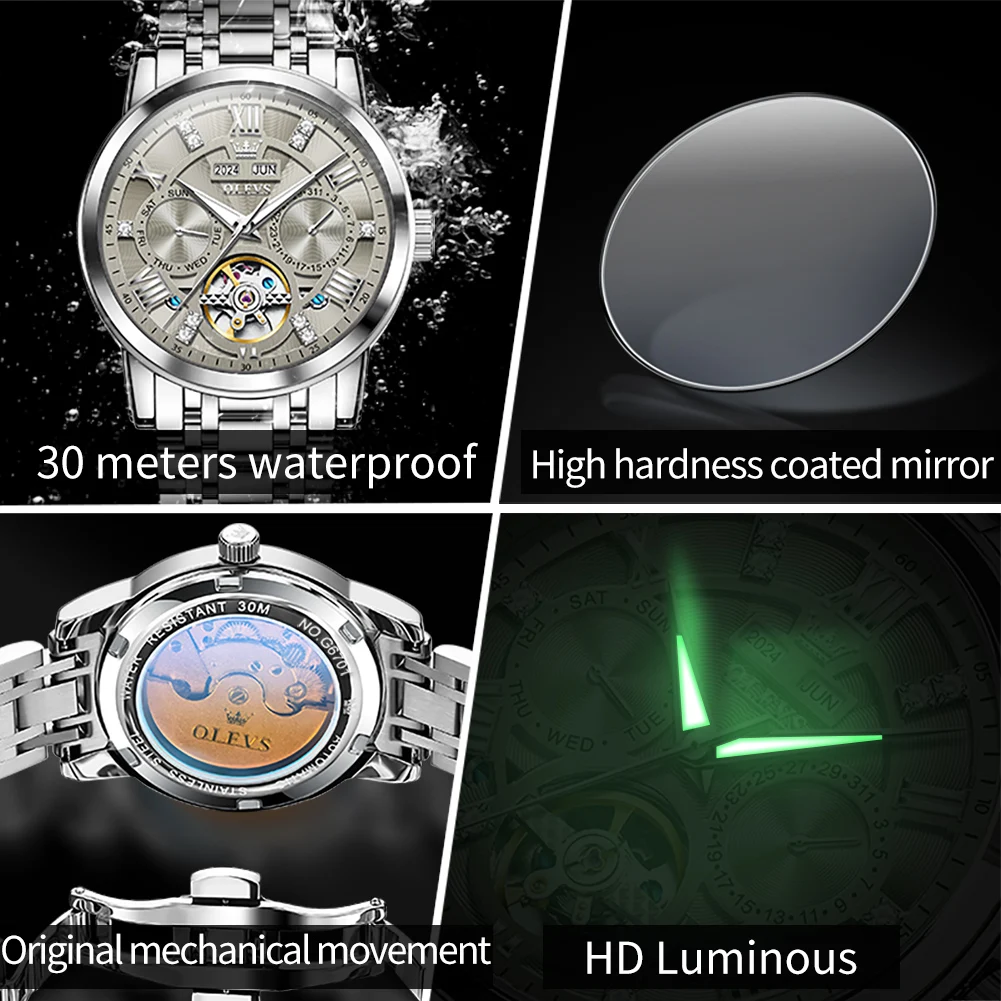 OLEVS 6701 Men's Watch Luxury Waterproof Auto Date Mechanical Watch For Men Hollow Skeleton Diamond Wristwatch Luminous Clock